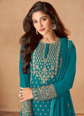 Turquoise Golden Embroidered Indian Designer Sharara Suit