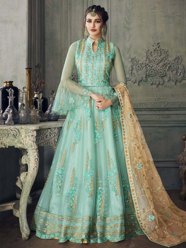 Aqua Blue And Gold Anarkali Lehenga Suit