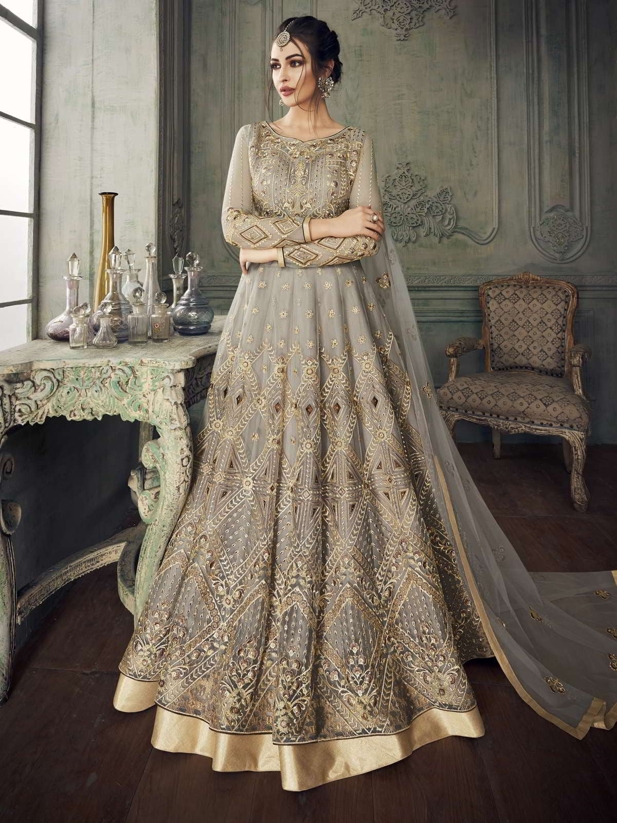 Grey Golden Traditional Anarkali Lehenga Suit