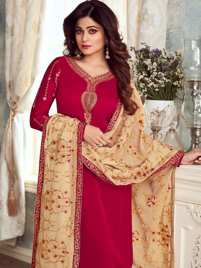 Pink And Creme Embroidered Churidar Suit