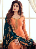Orange And Blue Embroidered Churidar Suit