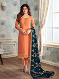 Orange And Blue Embroidered Churidar Suit