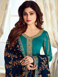 Turquoise And Blue Embroidered Churidar Suit