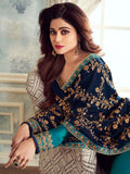 Turquoise And Blue Embroidered Churidar Suit