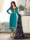 Turquoise And Blue Embroidered Churidar Suit