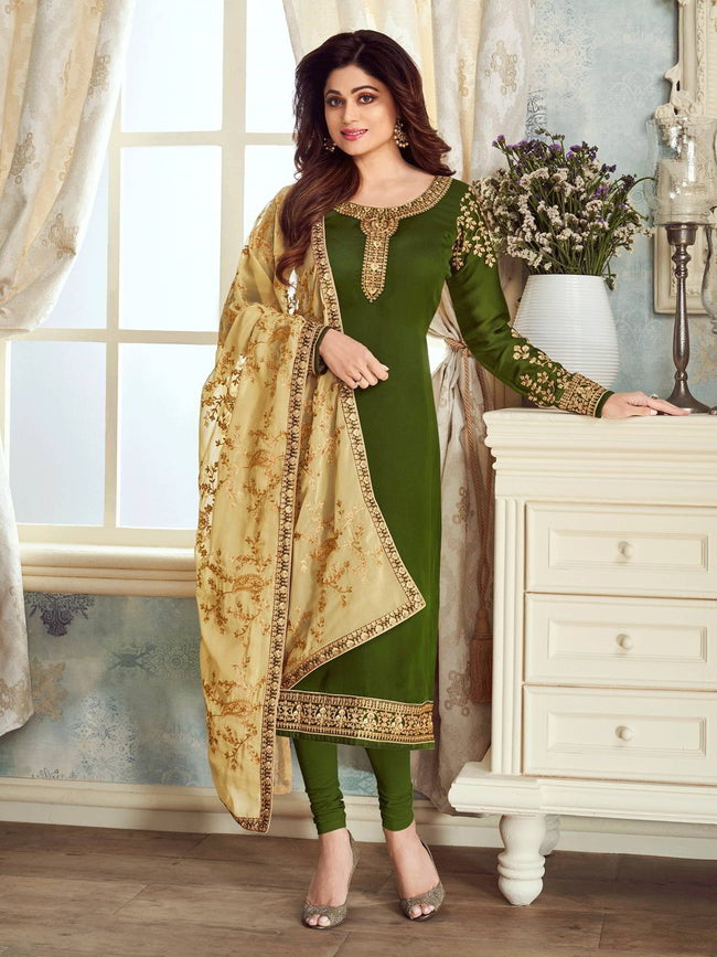 Green And Golden Embroidered Churidar Suit
