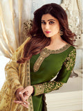 Green And Golden Embroidered Churidar Suit
