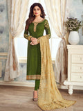 Green And Golden Embroidered Churidar Suit