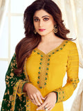Yellow And Green Ethnic Embroidered Churidar Suit