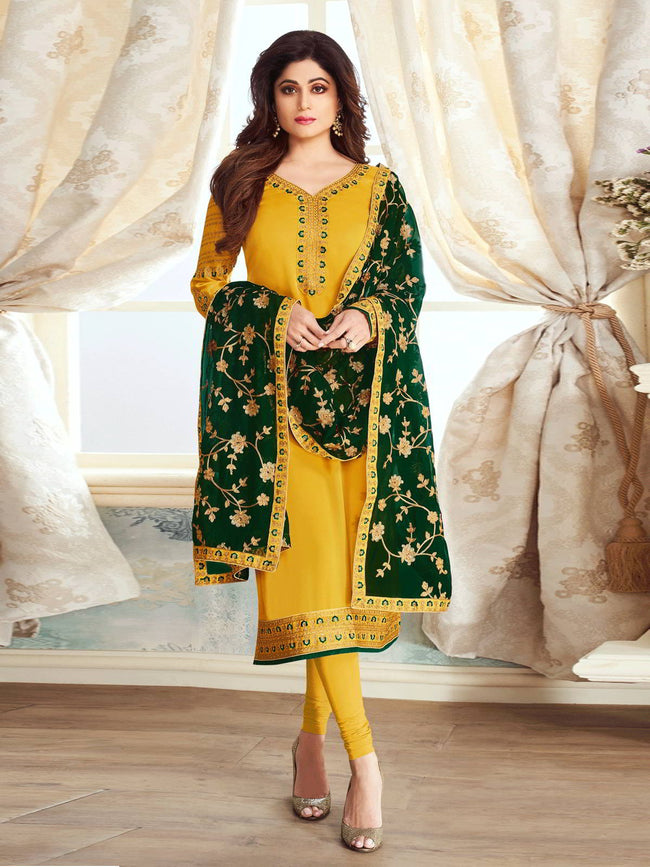 Yellow And Green Ethnic Embroidered Churidar Suit