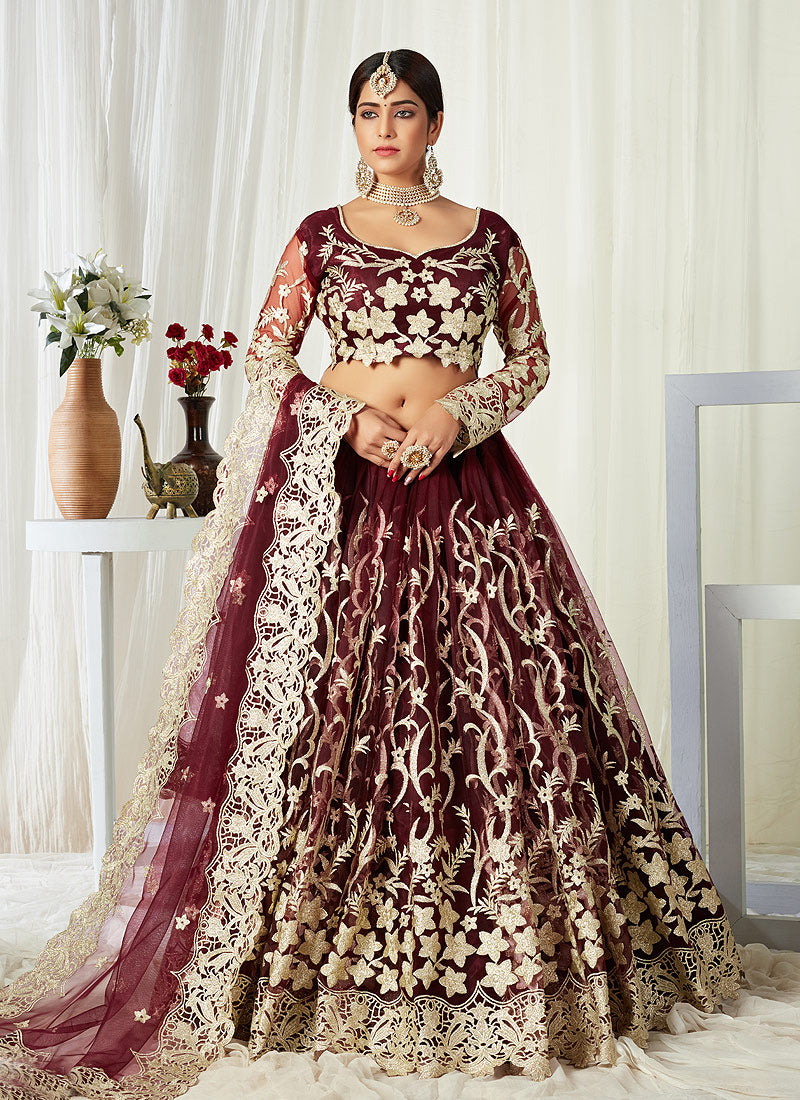 Buy Maroon Golden Embroidered Lehenga Choli In USA UK Canada Australia Newzeland online