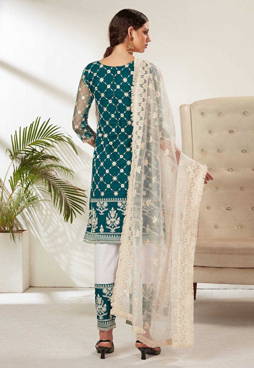 Turquoise And White Pant Suit In uk