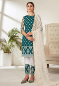 Turquoise And White Embroidered Pant Suit