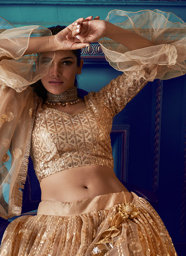 Indian Clothes - Golden Beige Indo Western Lehenga Choli