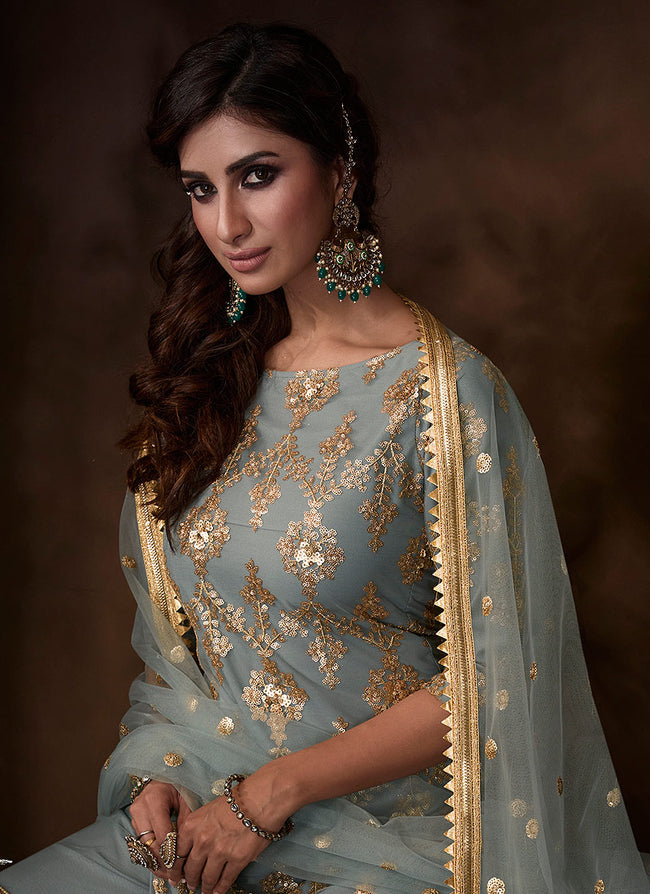 Indian Clothes - Teal Blue Traditional Embroidered Gharara Suit