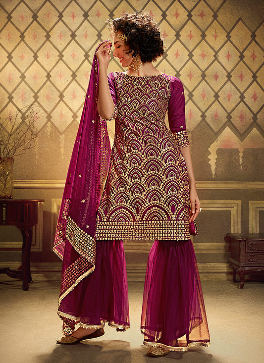 Wine Sequence Embroidered Gharara Suit 