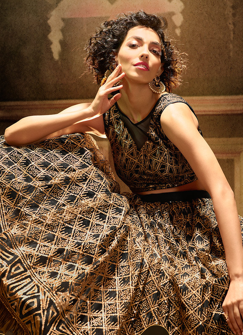 Indian Clothes - Black Golden Embroidered Party Wear Lehenga Choli
