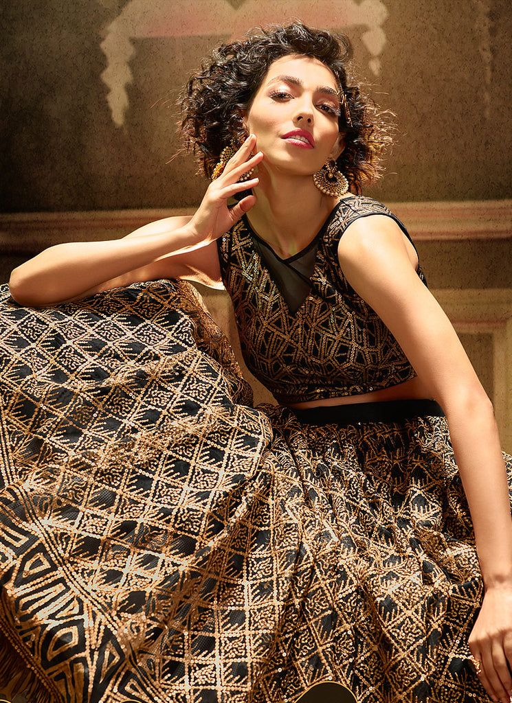 Indian Clothes - Black Golden Embroidered Party Wear Lehenga Choli