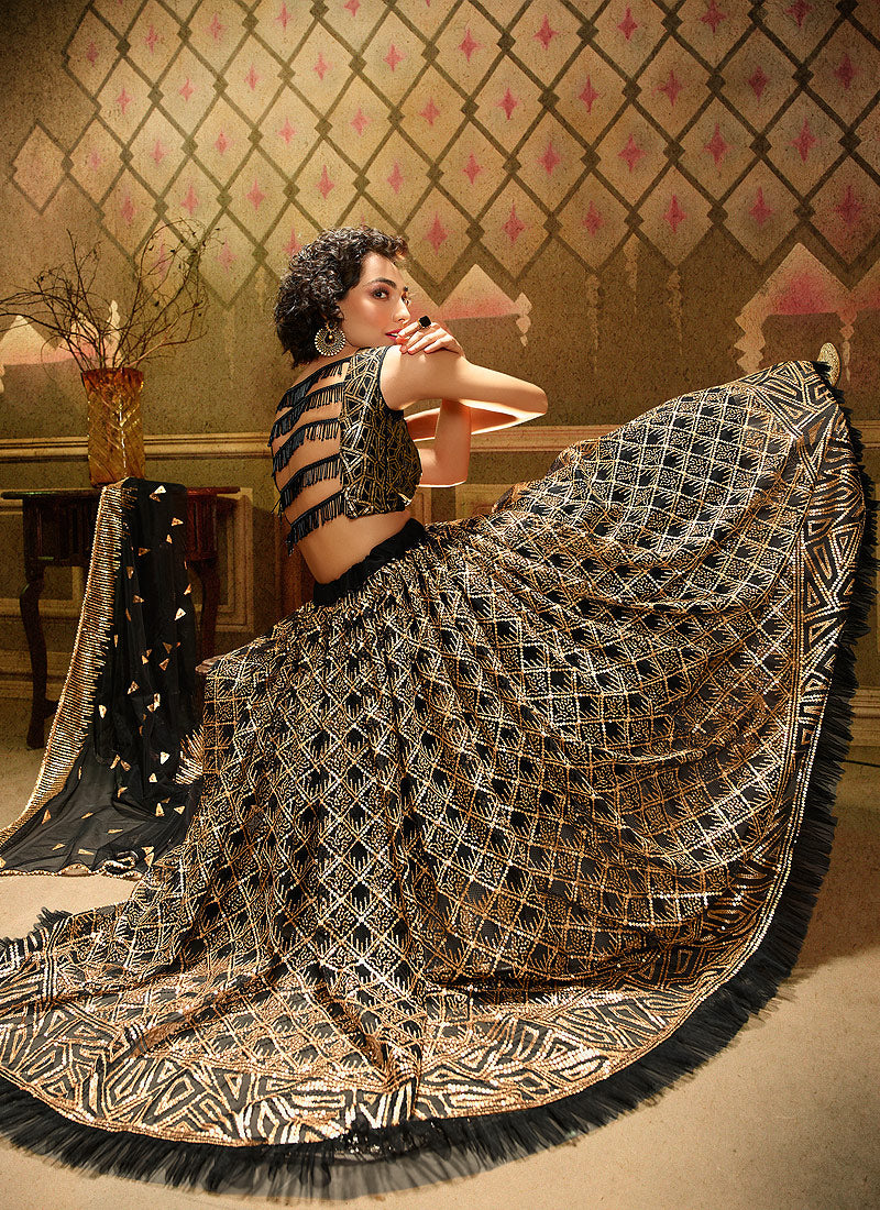 Indian Suit - Black Golden Embroidered Party Wear Lehenga Choli In usa uk canada