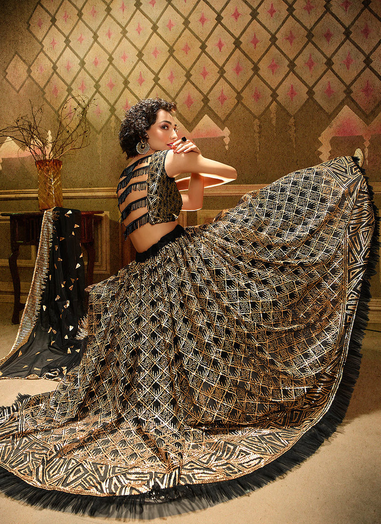 Indian Suit - Black Golden Embroidered Party Wear Lehenga Choli In usa uk canada