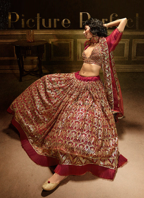 Indian  Lehanga - Rouge Red Embroidered Party Wear Lehenga Choli In usa uk canada