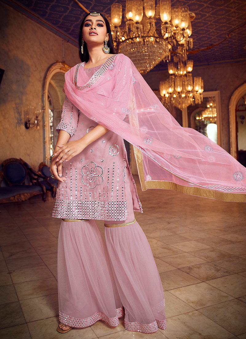 Soft Pink  Mirror Embroidered Gharara Suit