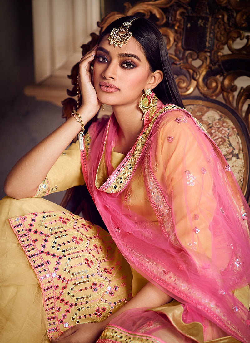 Yellow And Pink Mirror Gharara Suit In usa