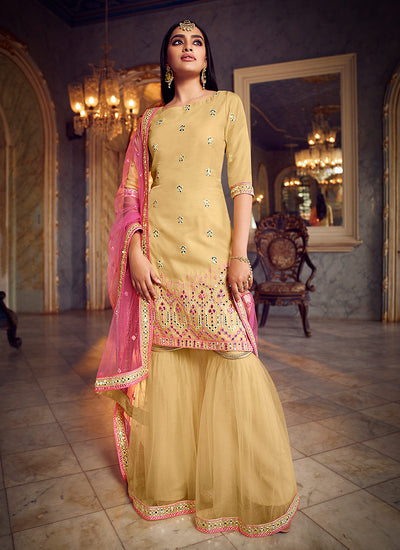 Yellow And Pink Mirror Embroidered Gharara Suit