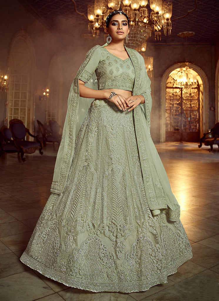 Dusty Green Wedding Lehenga Choli With Handwork Embroidery custom Dusty Green Wedding Lehenga Choli With Handwork Embroidery custom