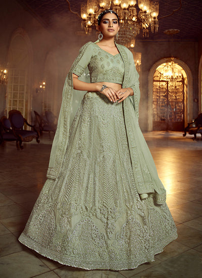 Dusty Green Wedding Lehenga Choli With Handwork Embroidery