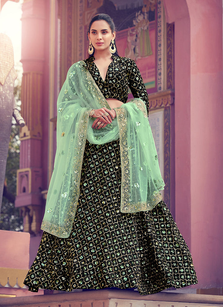 Black And Green Sequence Embroidered Lehenga Choli