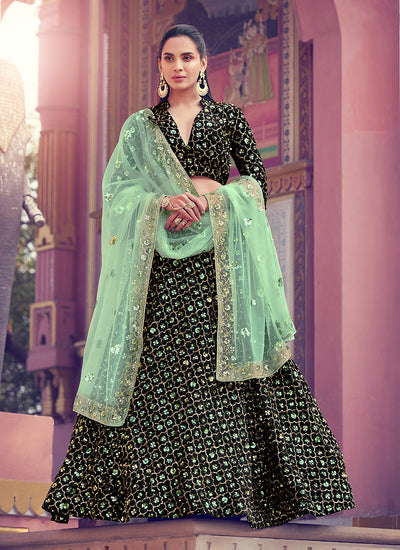 Black And Green Sequence Embroidered Lehenga Choli