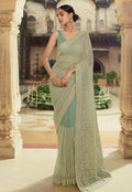 Teal Blue Sequence Embroidered Party Wear Saree
