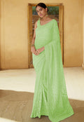 Lime Green Chikankari Embroidered Party Wear Saree