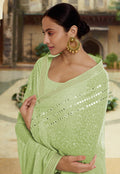Green Mirror Embroidered Party Wear Saree