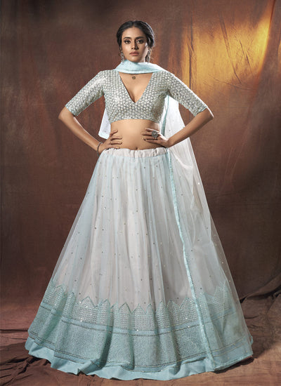 Sky Blue And White Sequence Embroidered Lehenga Choli
