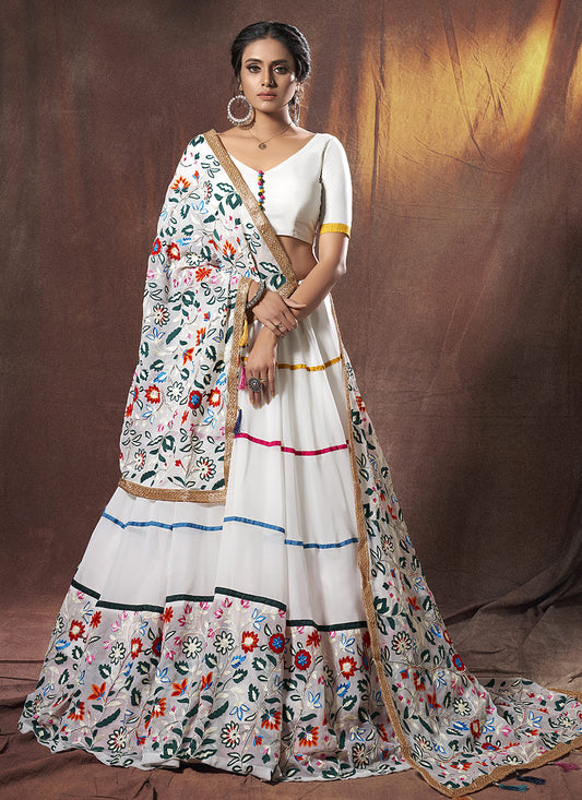 White Multicoloured Embroidered Lehenga Choli