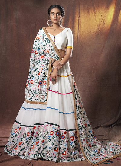 White Multicoloured Embroidered Lehenga Choli