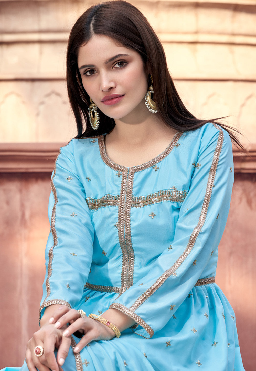 Buy Light Blue Golden Embroidered Slit Style Pant Suit In USA, UK
