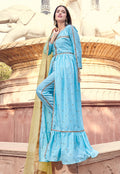 Light Blue Golden Embroidered Slit Style Pant Suit