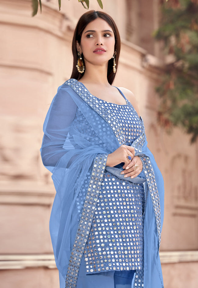 Pastel Blue Mirror Embroidered Gharara Suit In usa uk canada