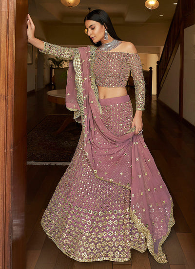 Mauve Foil Mirror Embroidered Indian Wedding Lehenga