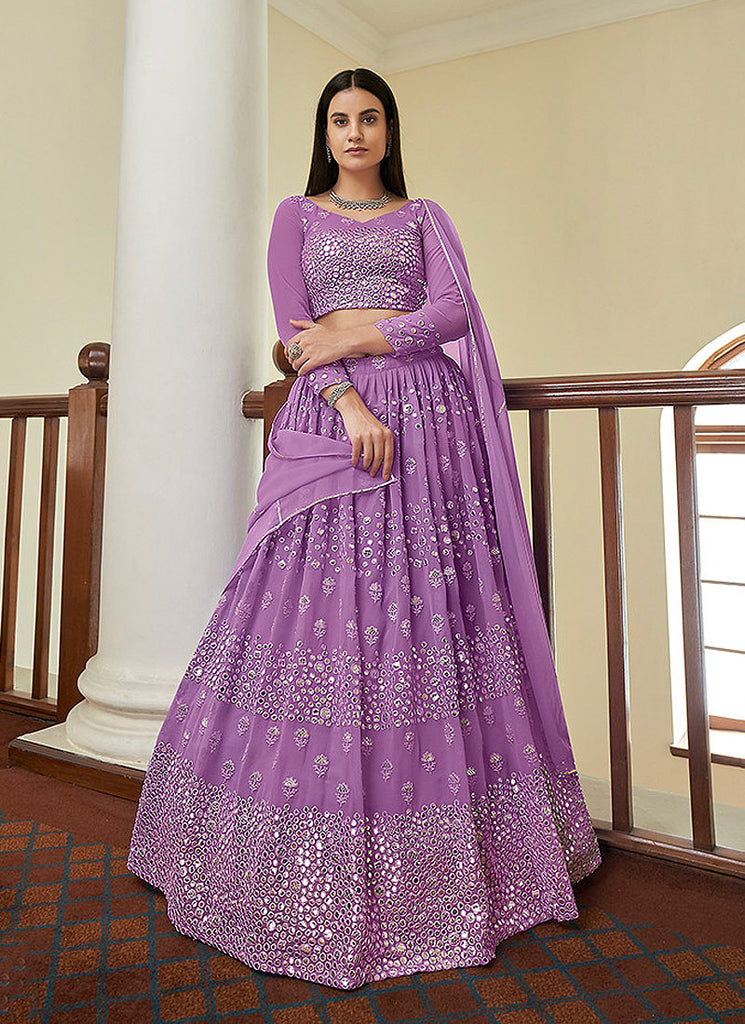 Lilac Lavender Foil Mirror Embroidered Indian Wedding Lehenga
