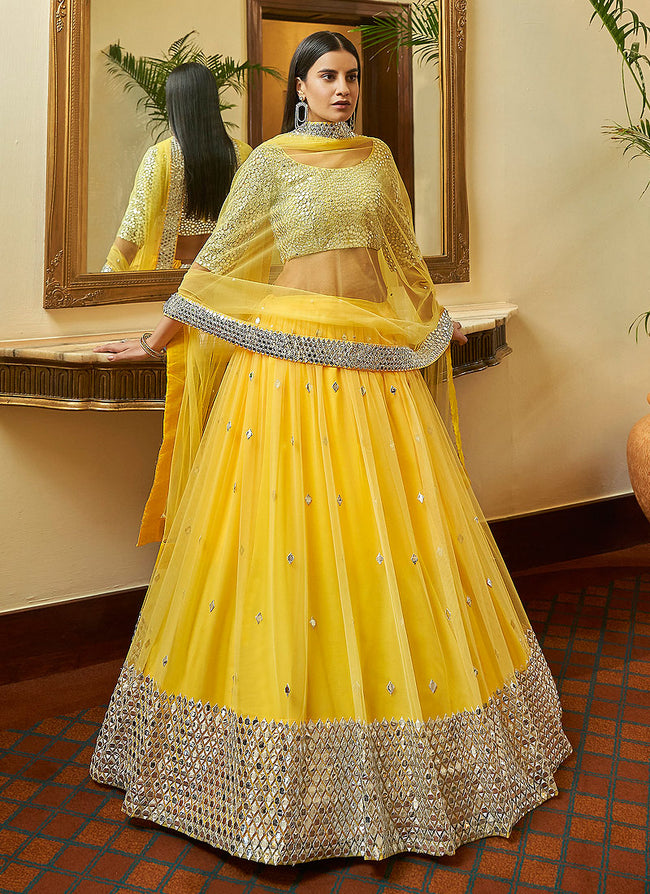 Lemon Yellow Mirror Embroidered Indian Wedding Lehenga