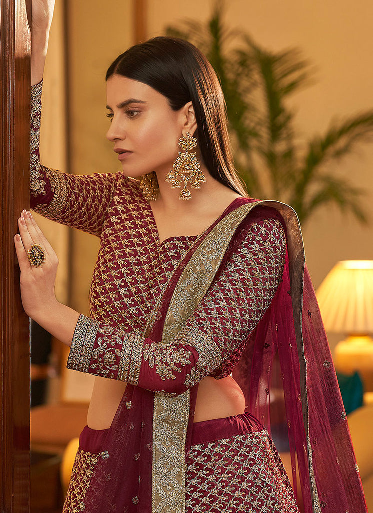 Maroon Embroidered Wedding Lehenga