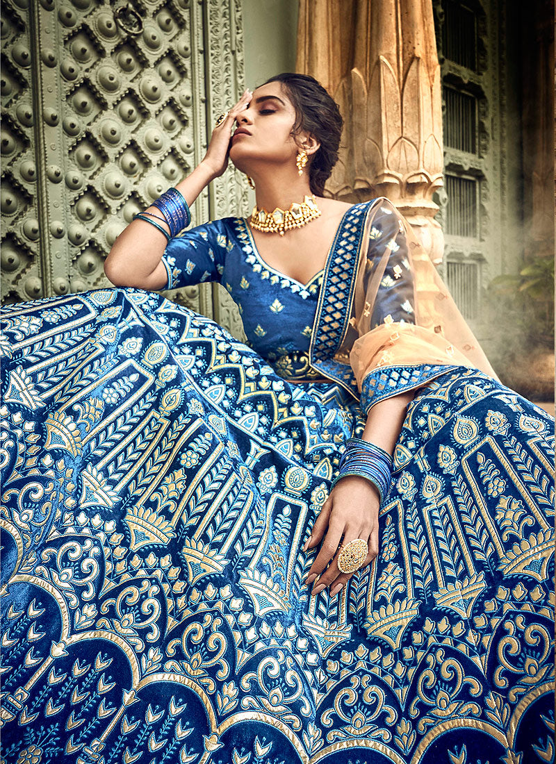 Navy Blue And Golden Designers Wedding Lehenga Choli, Lehenga