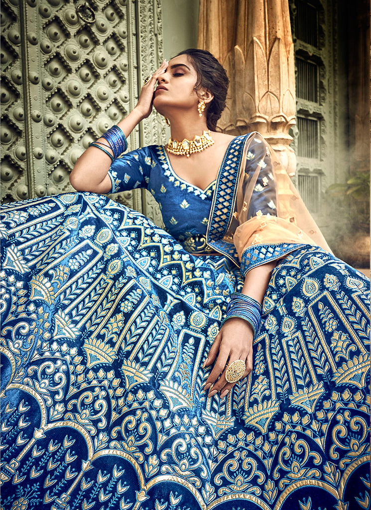 Navy Blue And Golden Designers Wedding Lehenga Choli, Lehenga