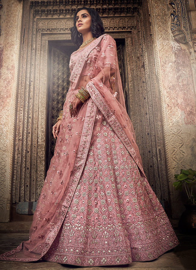 Pink Allover Embroidered Wedding Lehenga Choli