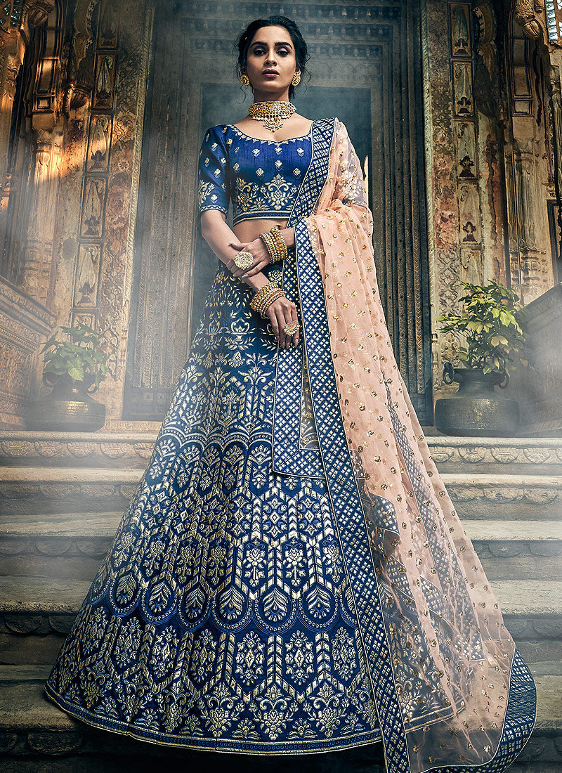 Buy Falguni Shane Peacock Peach Tulle Silver Foil Lehenga Set at Redfynd