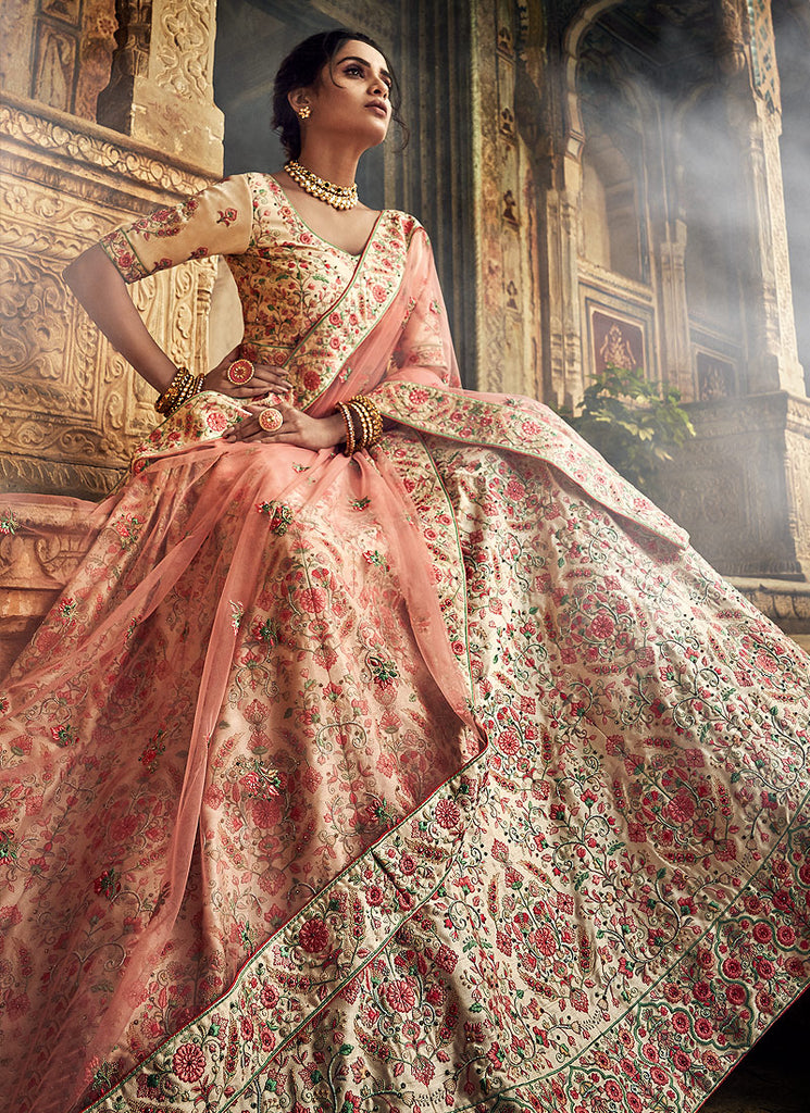 Peach Multi Embroidered Wedding Lehenga Choli
